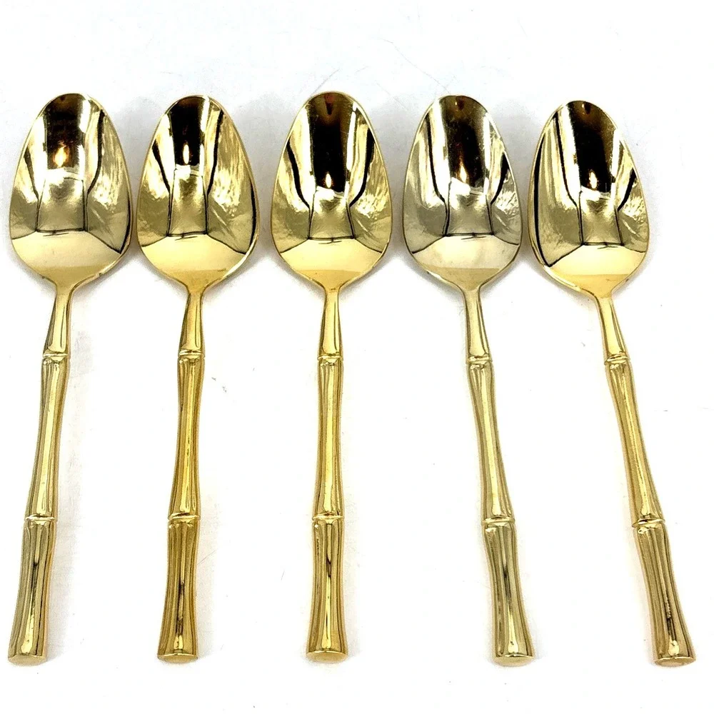 Vintage Brass Spoons Bamboo Style Handles‎ 6 Table Spoons Gold Tone *NEVER USED*